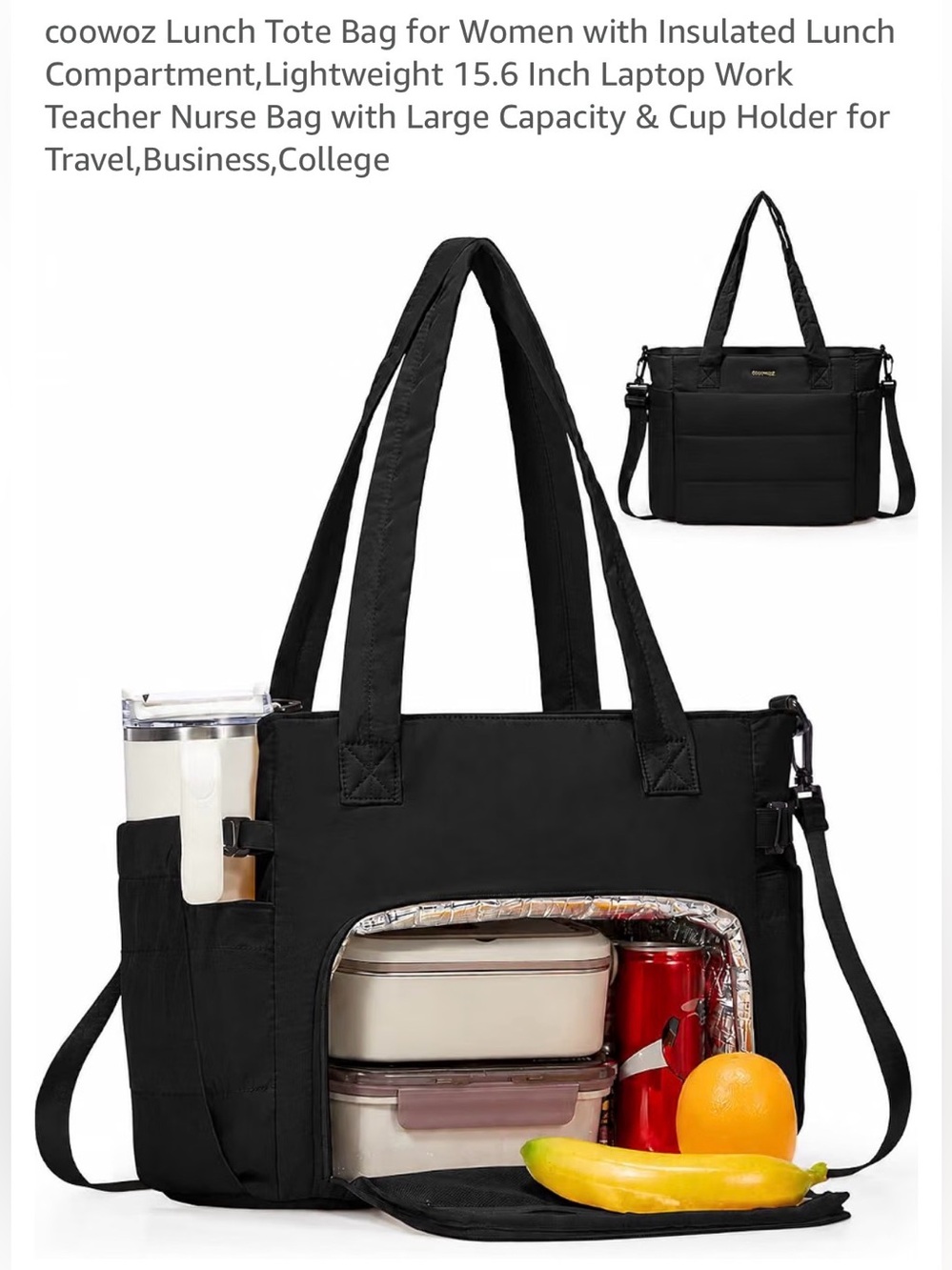 Insulated Black Tote Bag for Women -
